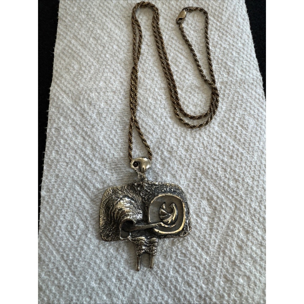 Vintage Mid Century Brutalist Large Guy Vidal Pewter Bird Pendant Chain Necklace